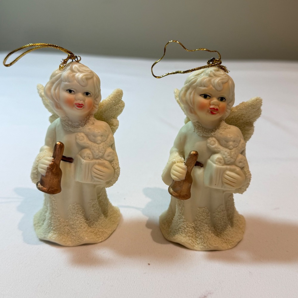 Vintage Angel Bell Ornaments Set of 2 Ivory Gold Christmas Decor Figurines